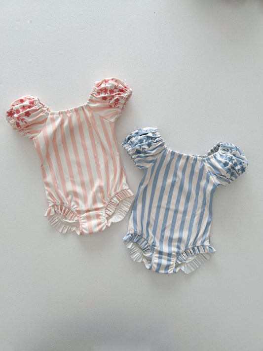 Toddler SS25 Stripe Floral Embroidery Puff Sleeve One-Piece Swimsuit (1-6y) - 2 Colors - AT NOON STORE