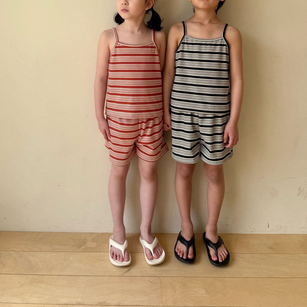 Kids SS25 Sleeveless Stripe Ribbed Top and Shorts Set (2-8y) - 2 Colors