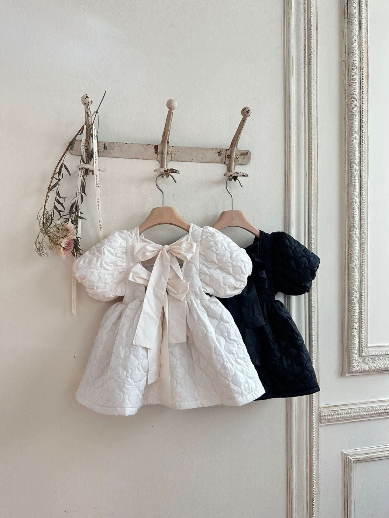 Toddler Monbebe Puff Sleeve Tie Bow Quilted Dress  (1-6y) - AT NOON STORE