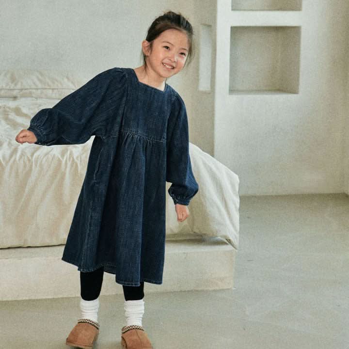 Toddler Square Neckline Denim Dress (3-8y) - Blue - AT NOON STORE