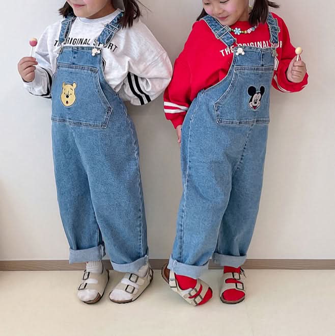 Toddler Disney Mickey and Pooh Face Embroidery Kangaroo Pocket Denim Overalls (2-7y) -2 Colors - AT NOON STORE