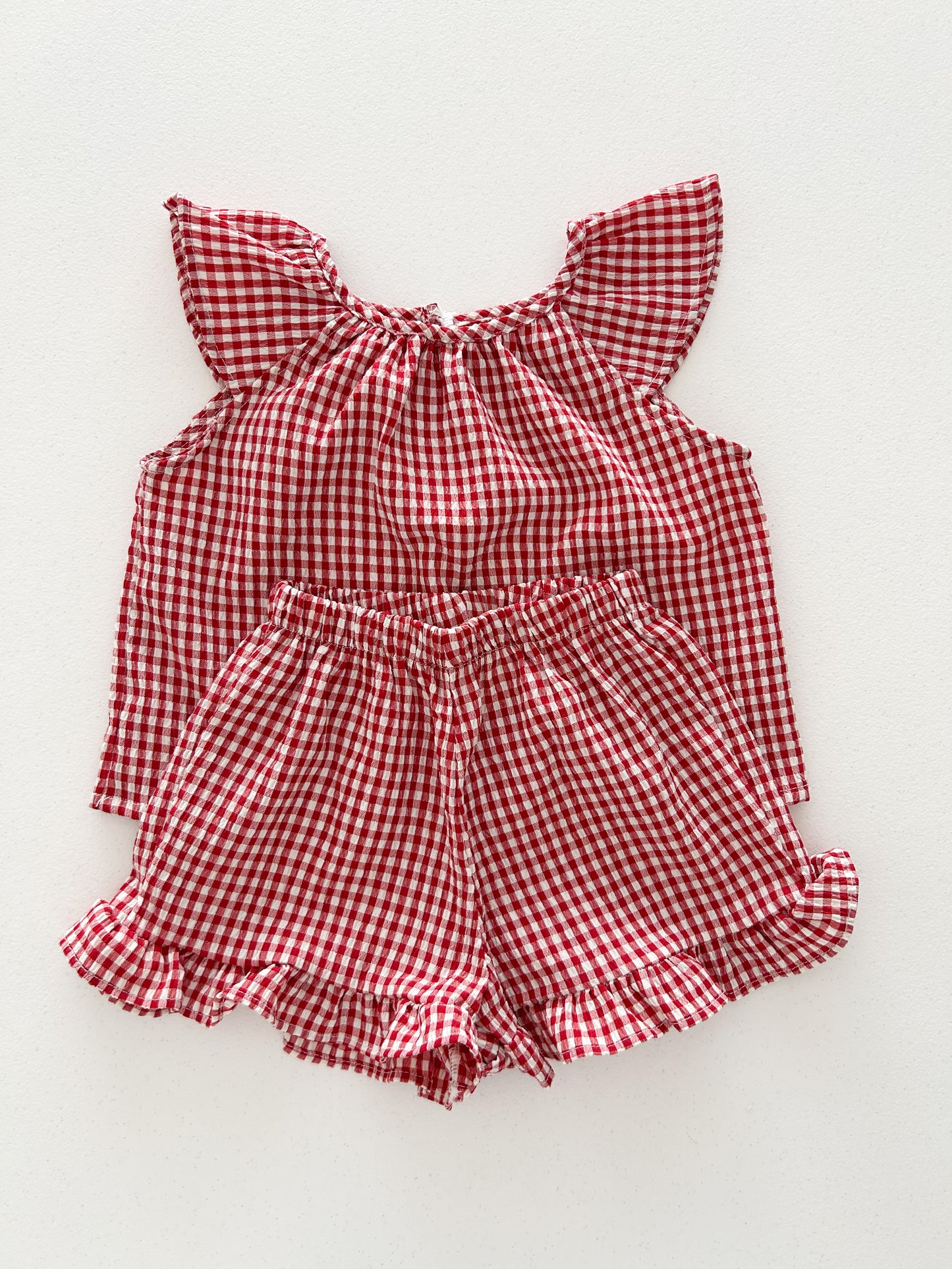 Kids Soy SS25 Gingham Ruffle Sleeves Top and Ruffle Hem Shorts Set (1-6y) - 2 Colors