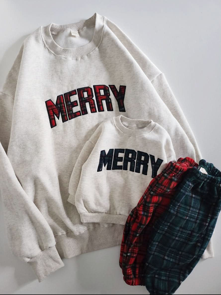 Adult Merry Tartan Patch Embroidery Sweatshirt - 2 Colors - AT NOON STORE