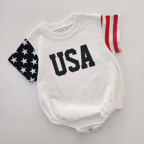 [At Noon Exclusive] Baby Original USA Print Stars and Stripes Sleeve T-Shirt Romper (0-18m) - Ivory - AT NOON STORE