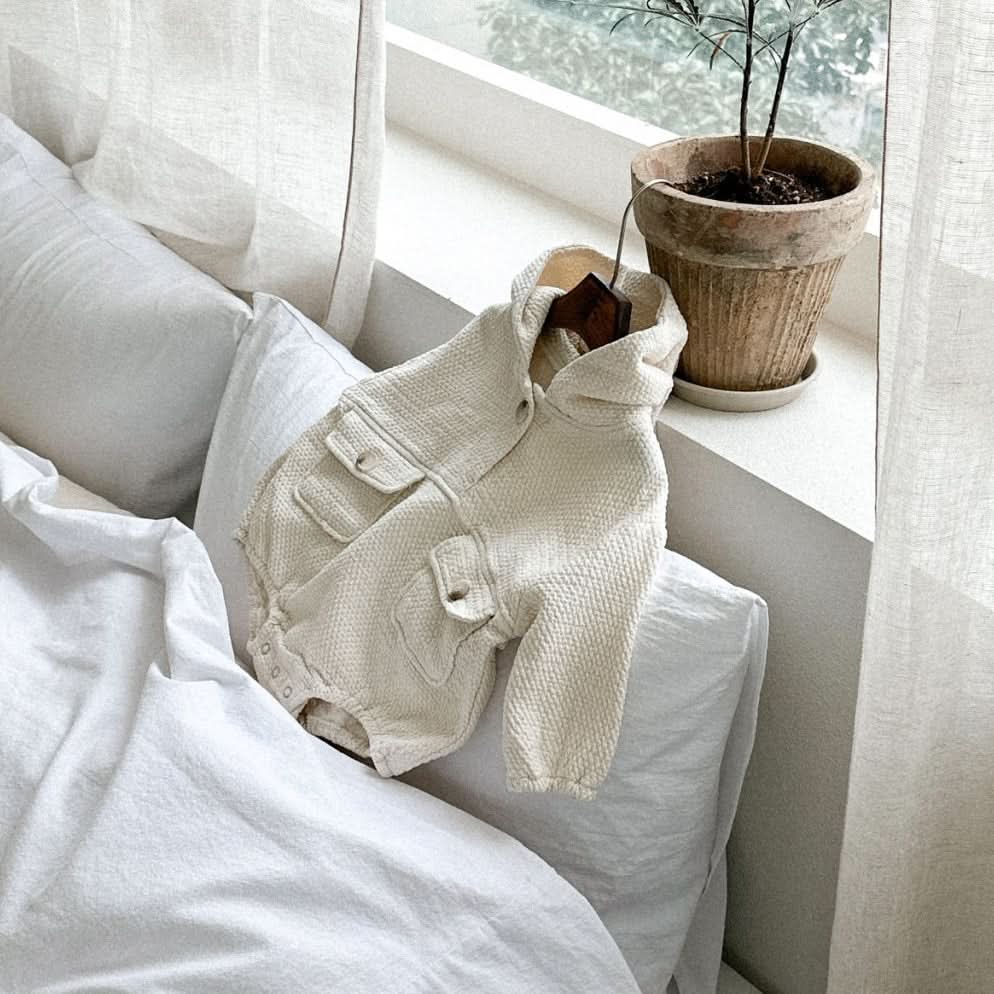Baby Anggo Long Sleeve Double Pocket Hooded Romper (3-18m) - Cream - AT NOON STORE