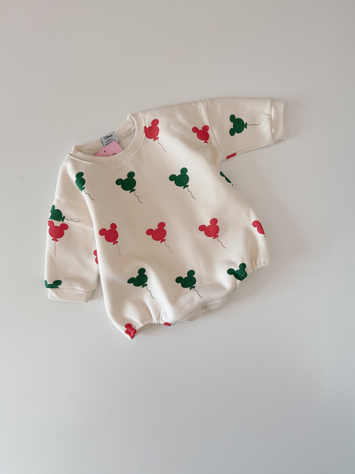 Baby Holiday Mickey Balloon Print Brushed Cotton Bubble Romper (3-24m) - Cream