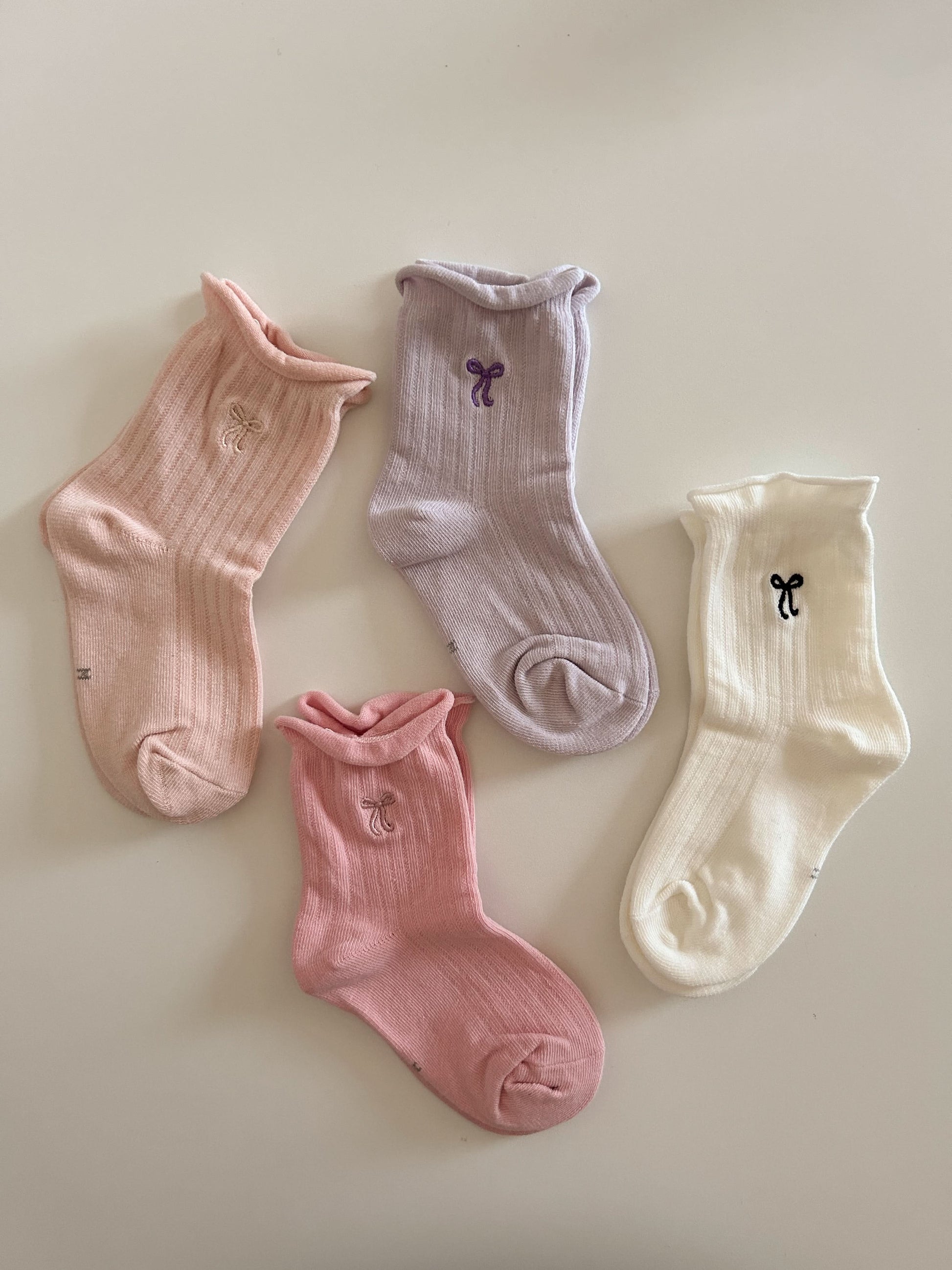 Toddler Bow Embroidery 4PK Socks Set (3-8y) - Pink Set - AT NOON STORE