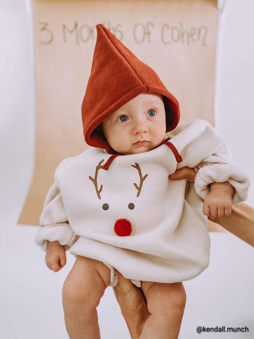 Baby W24 Back Brushed Fabric Reindeer Mock Neck Sweatshirt Romper and Bonnet Set (3-18m) - 2 Colors - AT NOON STORE