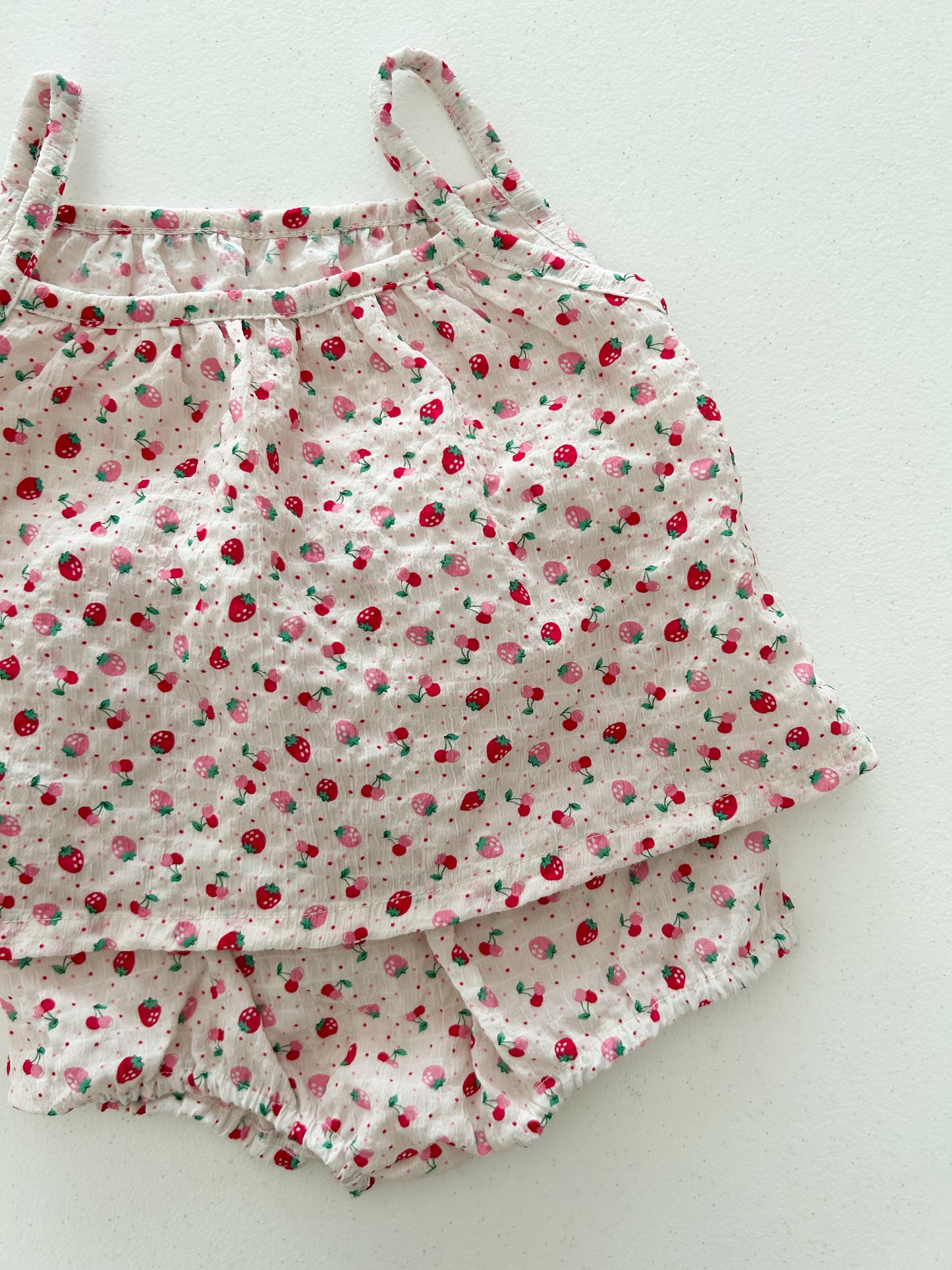 Baby SS25 Seersucker Strawberry Sleeveless Top and Bloomer Set (3-18m) - Ivory
