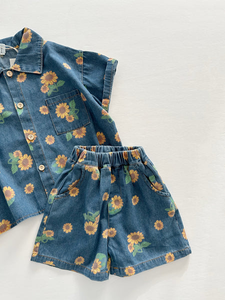 Kids Floral Print Denim Shirt and Shorts Set (4-5y) - Floral Denim