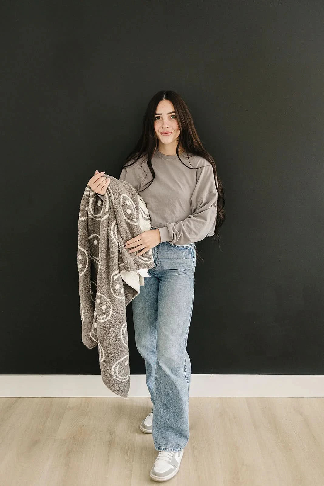 Charcoal Smiley Taupe Plush Blanket - AT NOON STORE