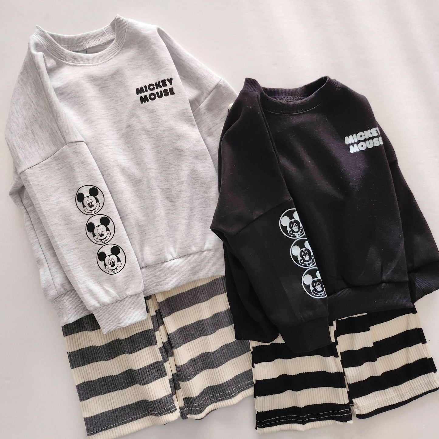 Toddler Disney Mickey Face Print Sleeve Sweatshirt and Stripe Pull-on Pants Set (2-7y) - 2 Colors - AT NOON STORE