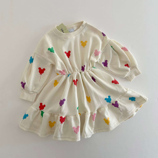 Toddler Balloon Print Long Sleeve Dress (15m-7y) -Cream - AT NOON STORE