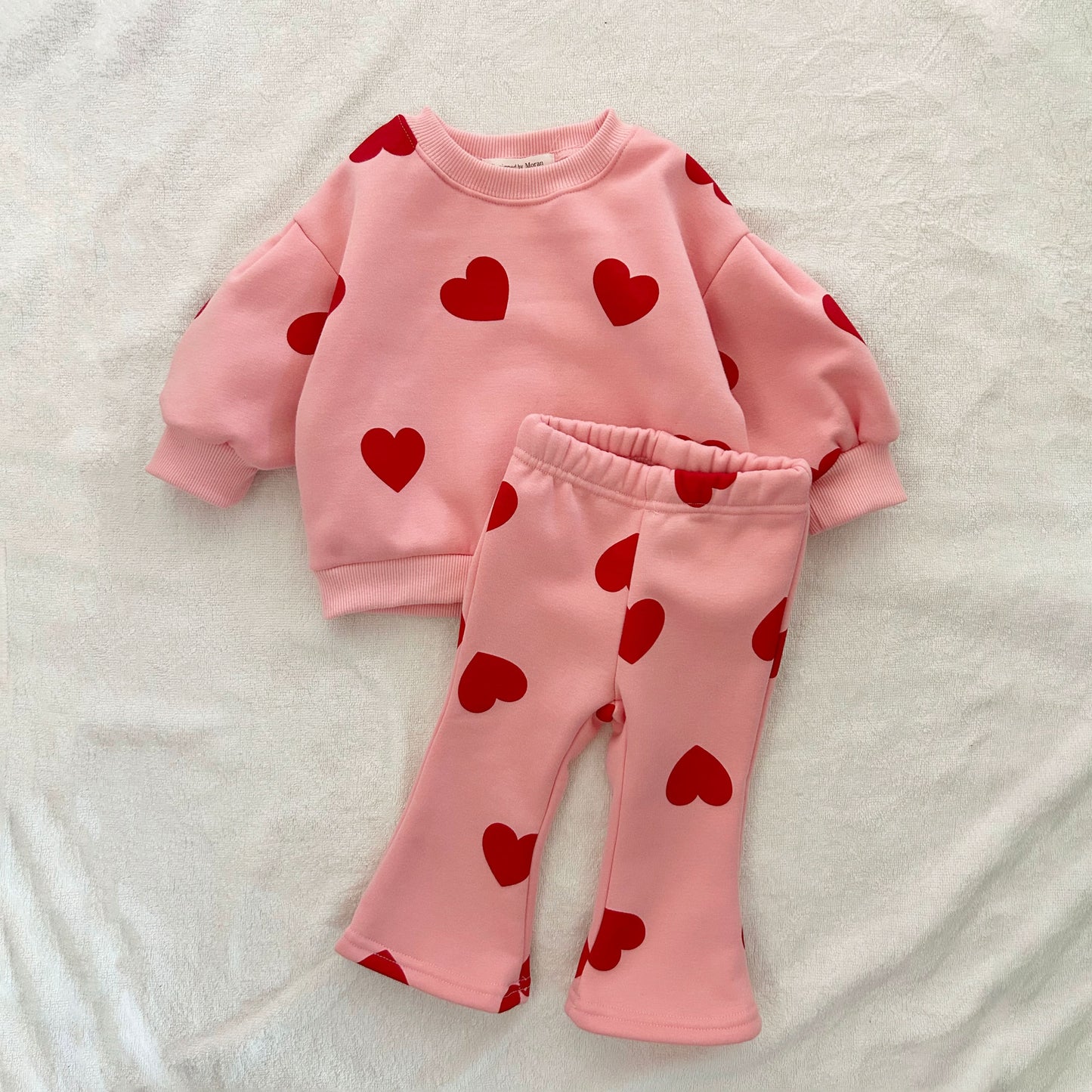 Toddler Heart Print Brushed Fabric Puff Sleeve Sweatshirt and Flare Pants Set (1-6y) - Pink - AT NOON STORE