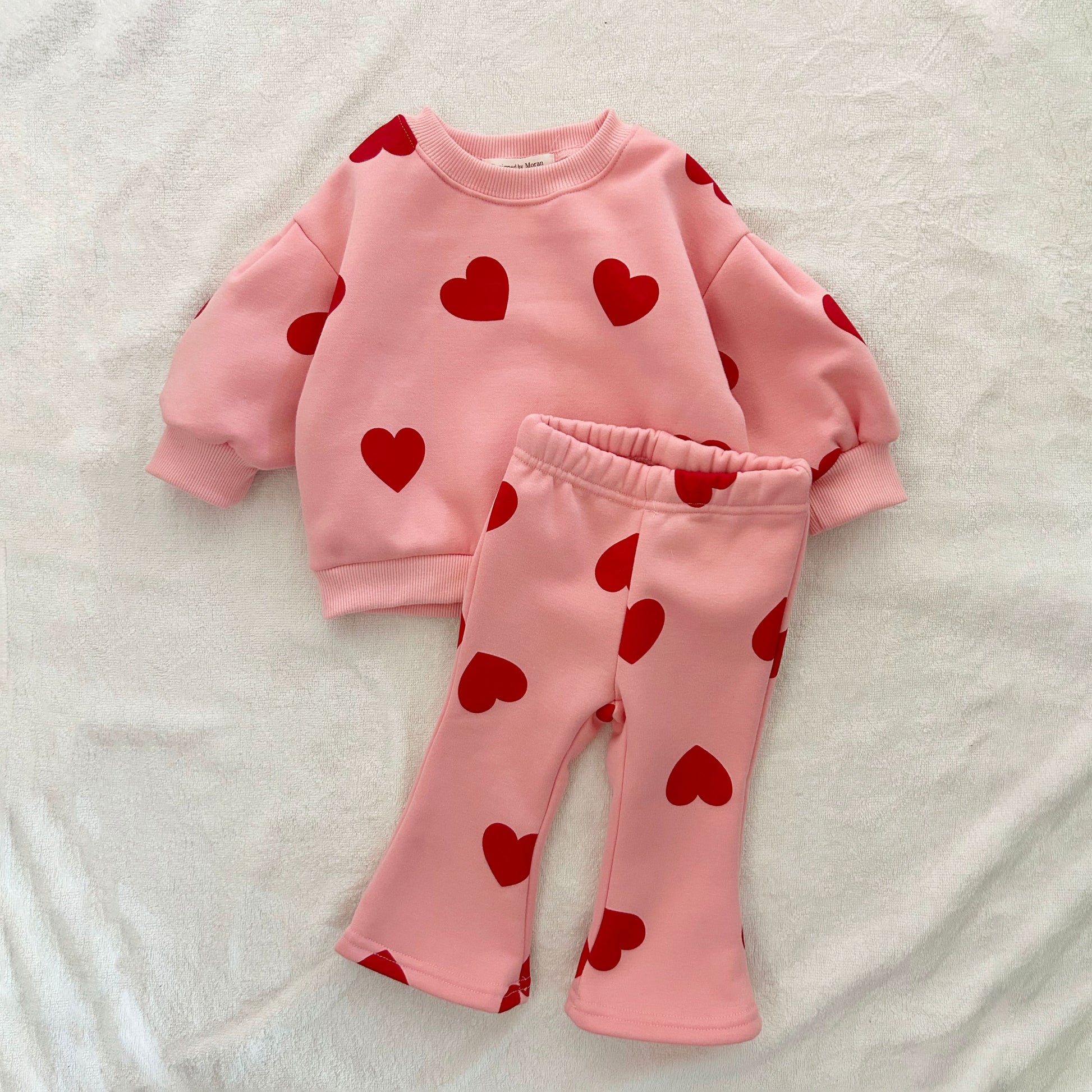 Toddler Heart Print Brushed Fabric Puff Sleeve Sweatshirt and Flare Pants Set (1-6y) - Pink - AT NOON STORE