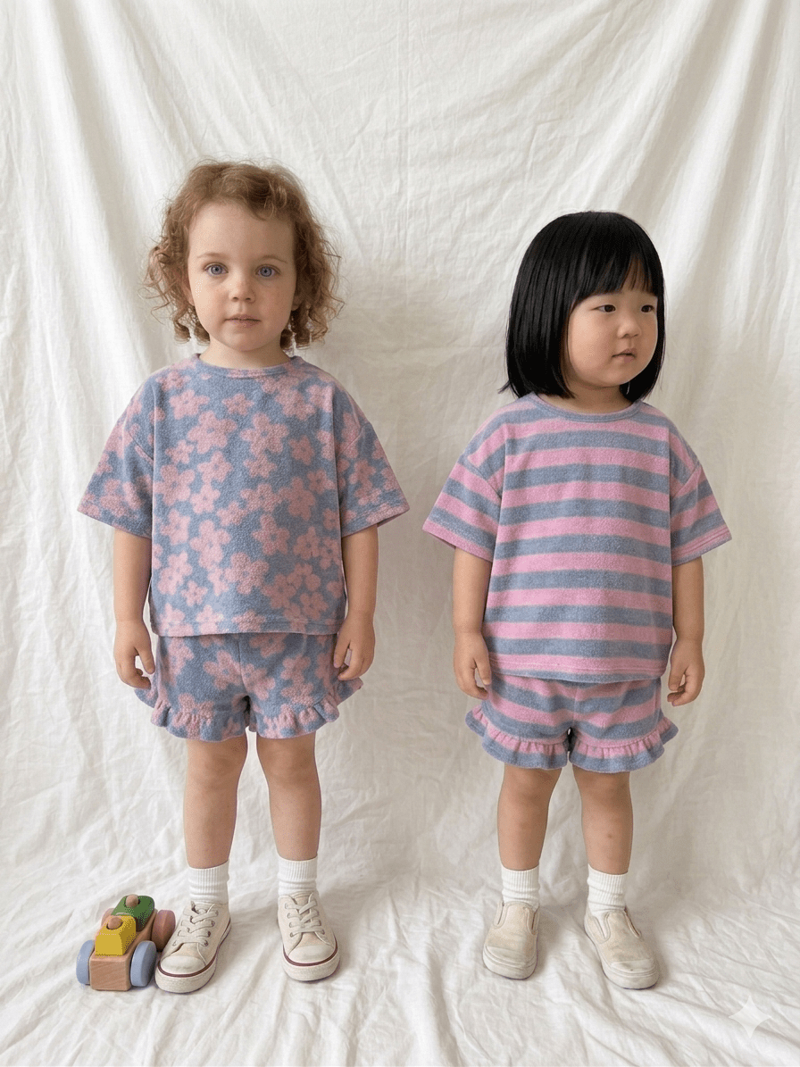 At Noon Kids Terry Cloth Floral Short Sleeve Top and Ruffle Shorts Set (1 - 8y) - Pink Floral kids outfit