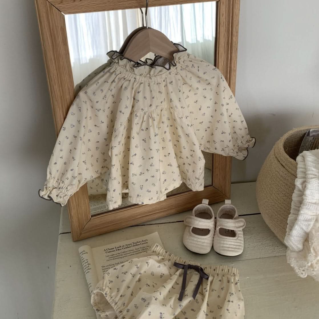 Baby S25 Frill Detail Floral Print Top and Bloomer Shorts Set (3-18m) - Cream - AT NOON STORE