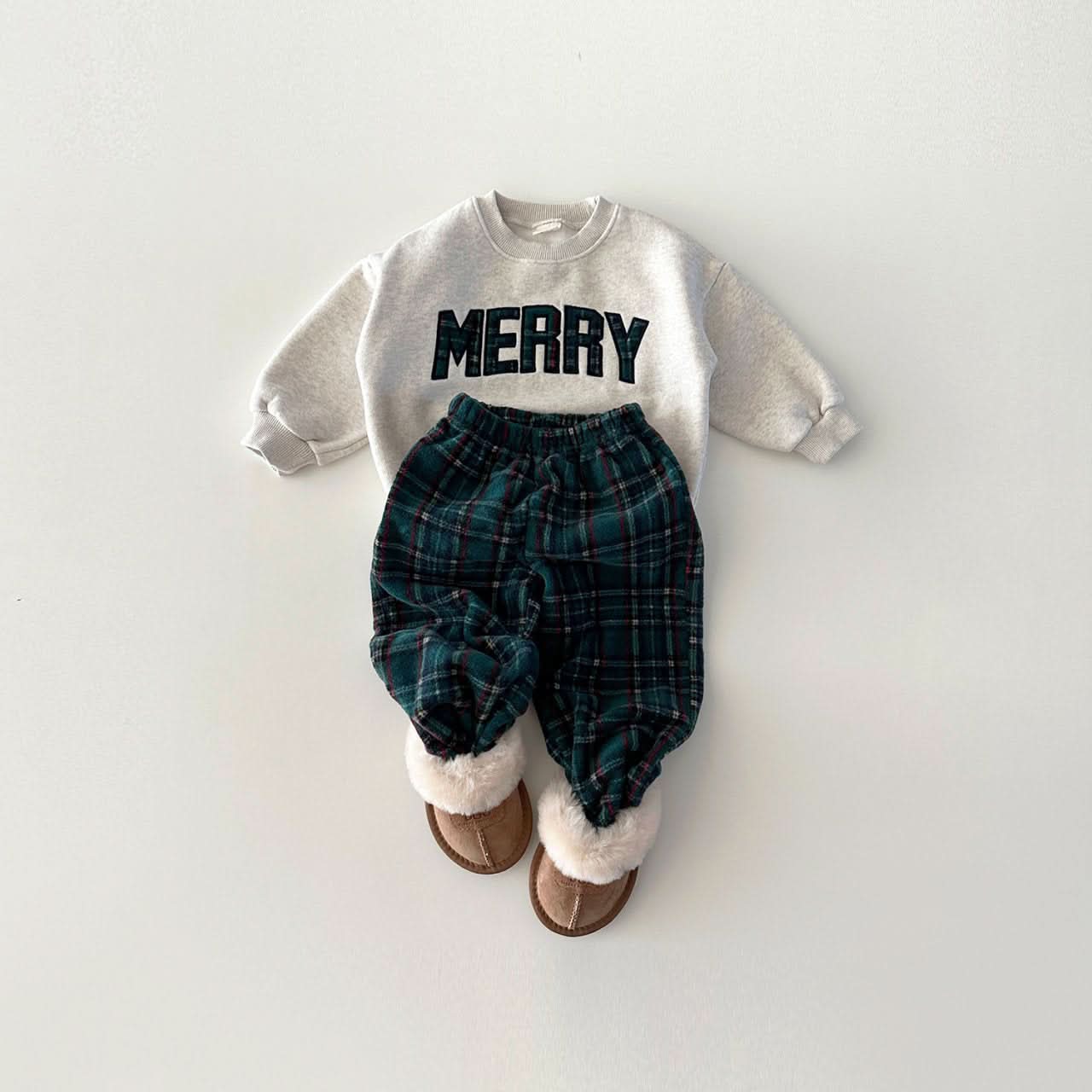 Toddler Merry Patch Embroidery Sweatshirt and Tartan Fleece Jogger Pants (6m-6y) - Green - AT NOON STORE