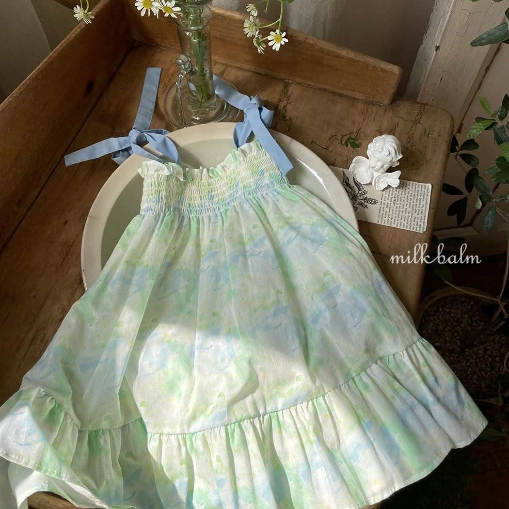 Toddler Milk Tie-Shoulder Dress (3m-5y)- Green - AT NOON STORE