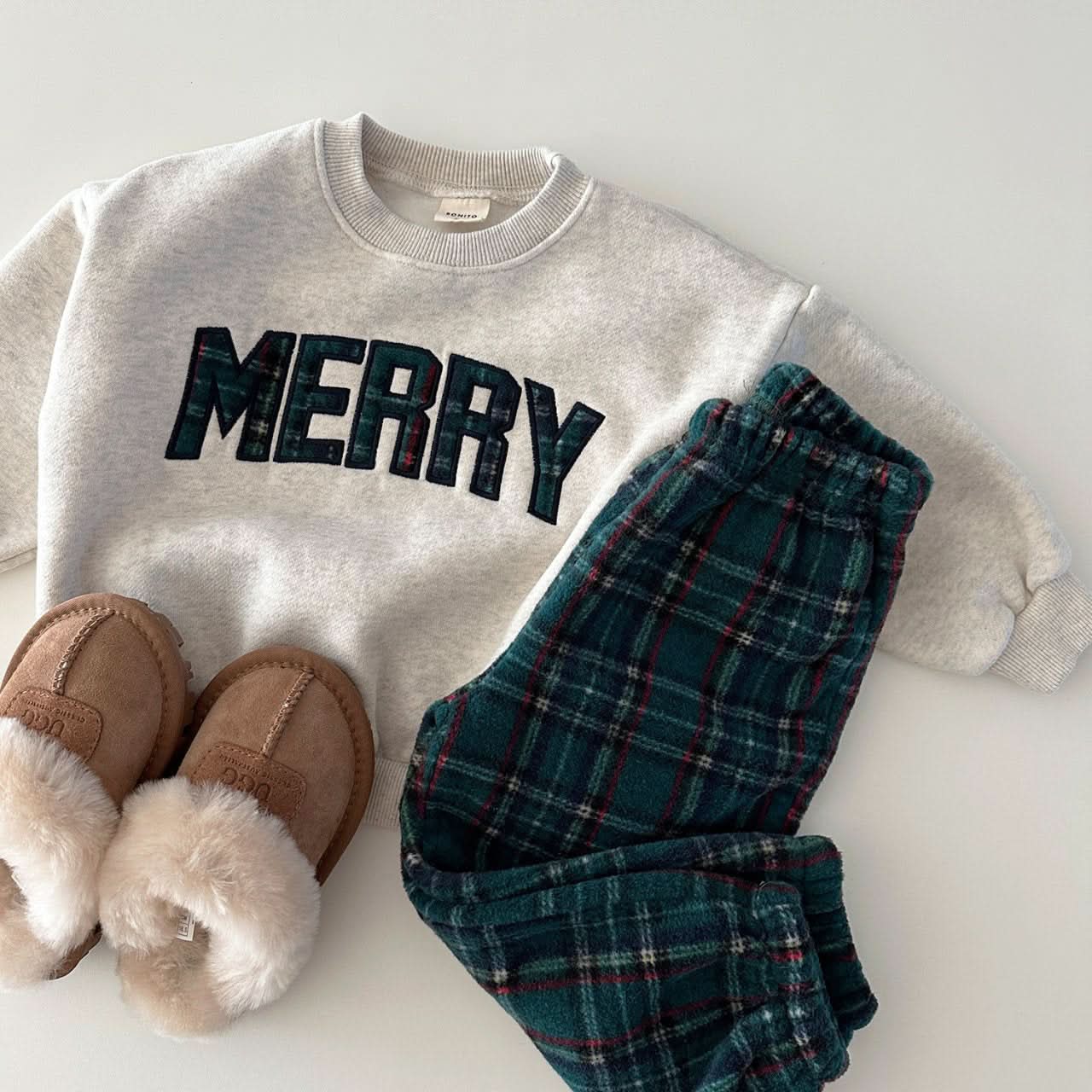 Toddler Merry Patch Embroidery Sweatshirt and Tartan Fleece Jogger Pants (6m-6y) - Green - AT NOON STORE