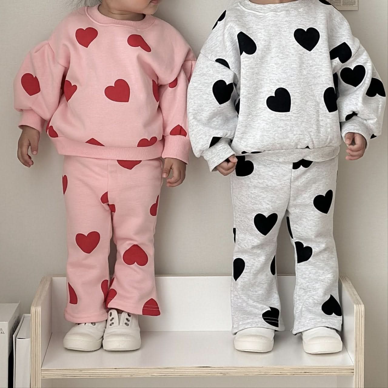 Toddler Heart Print Brushed Fabric Puff Sleeve Sweatshirt and Flare Pants Set (1-6y) - Pink - AT NOON STORE