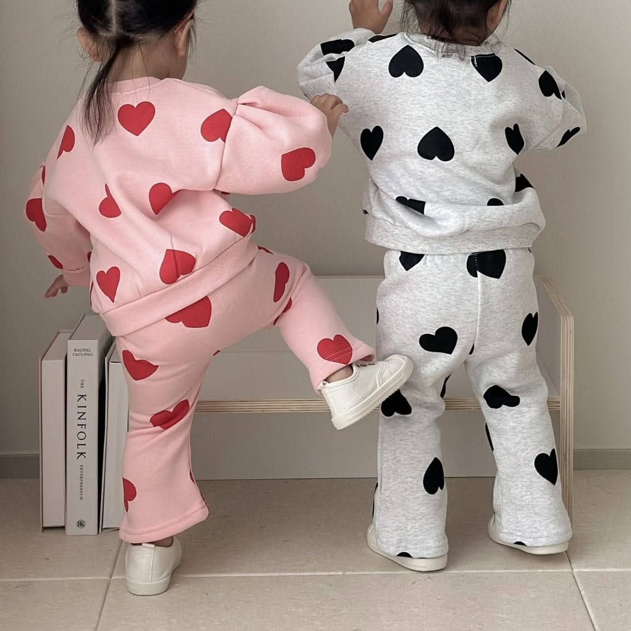 Toddler Heart Print Brushed Fabric Puff Sleeve Sweatshirt and Flare Pants Set (1-6y) - Pink - AT NOON STORE