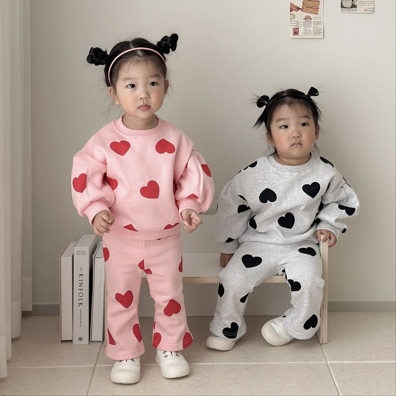 Toddler Heart Print Brushed Fabric Puff Sleeve Sweatshirt and Flare Pants Set (1-6y) - Pink - AT NOON STORE