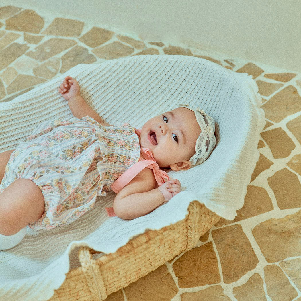 Baby Milk SS25 Tie Shoulder Smocked Bodice Romper (3-18m) - Floral - AT NOON STORE