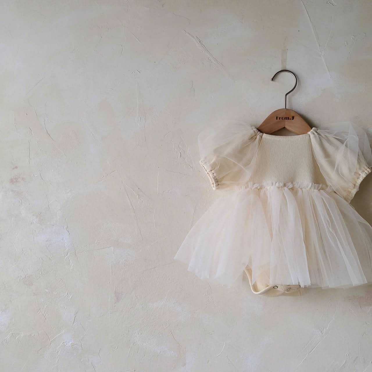 Baby Short Puff Sleeve Tutu Dress Romper (3-18m) - Cream - AT NOON STORE