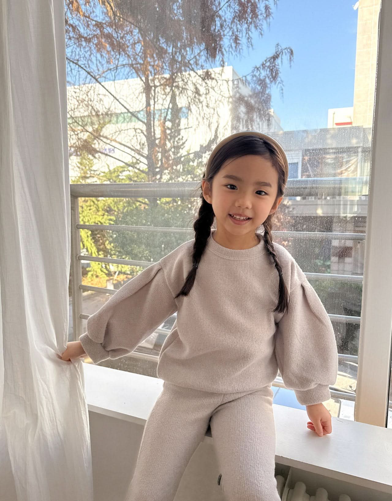 Toddler Brushed Fabric Puff Sleeve Sweatshirt and Flare Pants Set (2-6y) - Beige - AT NOON STORE