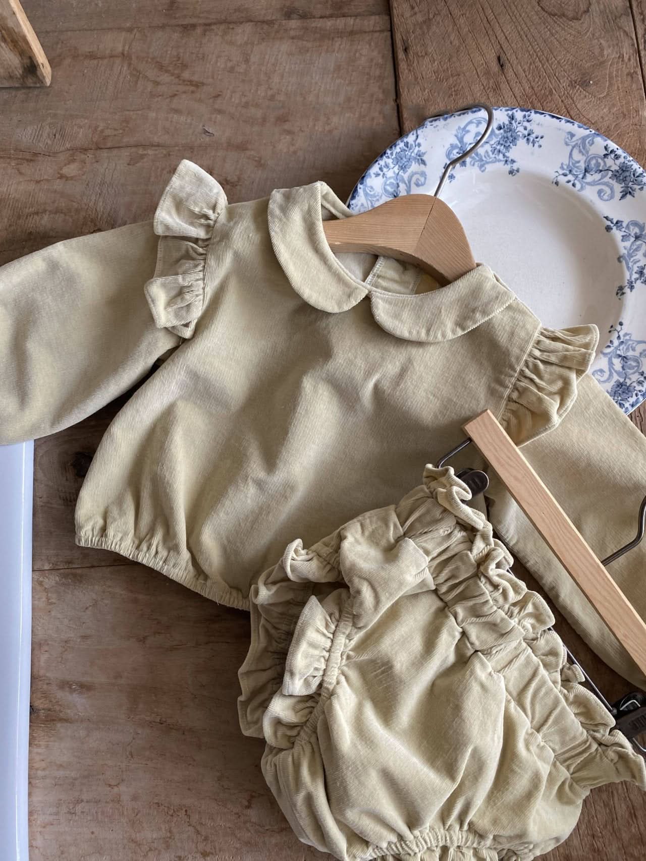 Baby Mon Corduroy Ruffle Shoulder Top and Bloomer Shorts Set (6-22m) - Yellow Cream - AT NOON STORE
