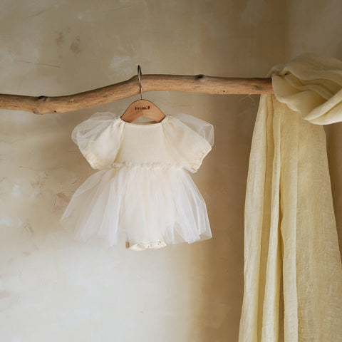 Baby Short Puff Sleeve Tutu Dress Romper (3-18m) - Cream - AT NOON STORE