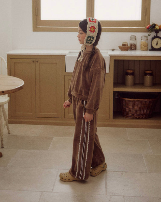 Kids F25 Velour Long Sleeve Sweatshirt and Side Lace Tape Pull-on Pants Set (3-7y) - Brown - AT NOON STORE