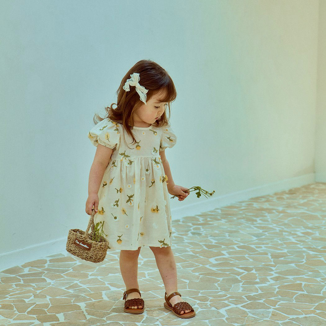 Toddler Milk Floral 3D Embroidery Short Sleeve Dress (1-6y) - Floral Ivory - AT NOON STORE
