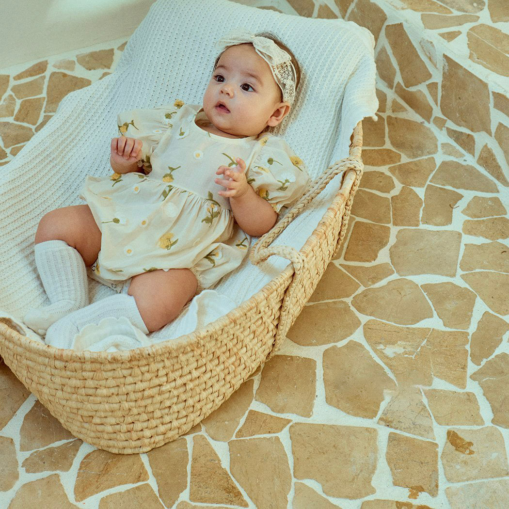 Baby Milk Floral 3D Embroidery Short Sleeve Romper (0-24m) - Floral Ivory - AT NOON STORE