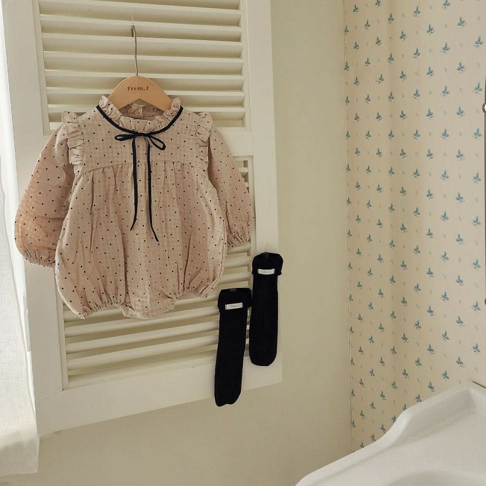 Baby Polka Dot Contrast Tie Neck Romper (3-18m) - Beige - AT NOON STORE