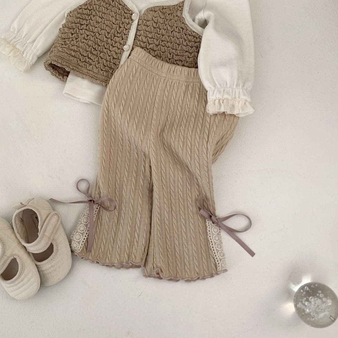 Baby S25 Bow and Lace Trim Cable Flare Pants (3-18m) - Beige - AT NOON STORE