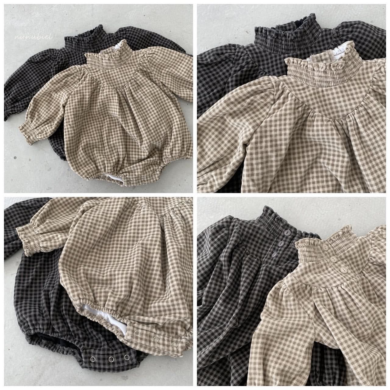 Baby Nunu Fleece-Lined Gingham Corduroy Romper and Bonnet Set (3-18m)- Beige - AT NOON STORE