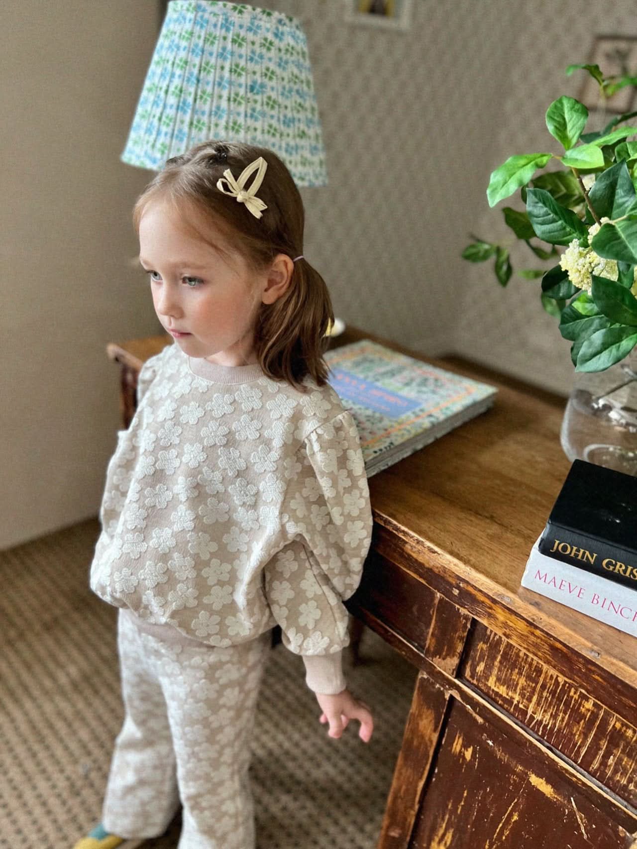 Kids Floral Jacquard  Puff Sleeve Top &  Pants Set (2-6y) - Beige - AT NOON STORE