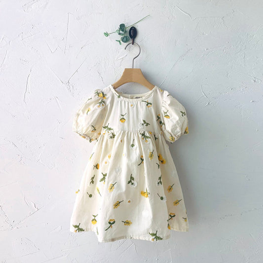 Toddler Milk Floral 3D Embroidery Short Sleeve Dress (1-6y) - Floral Ivory - AT NOON STORE