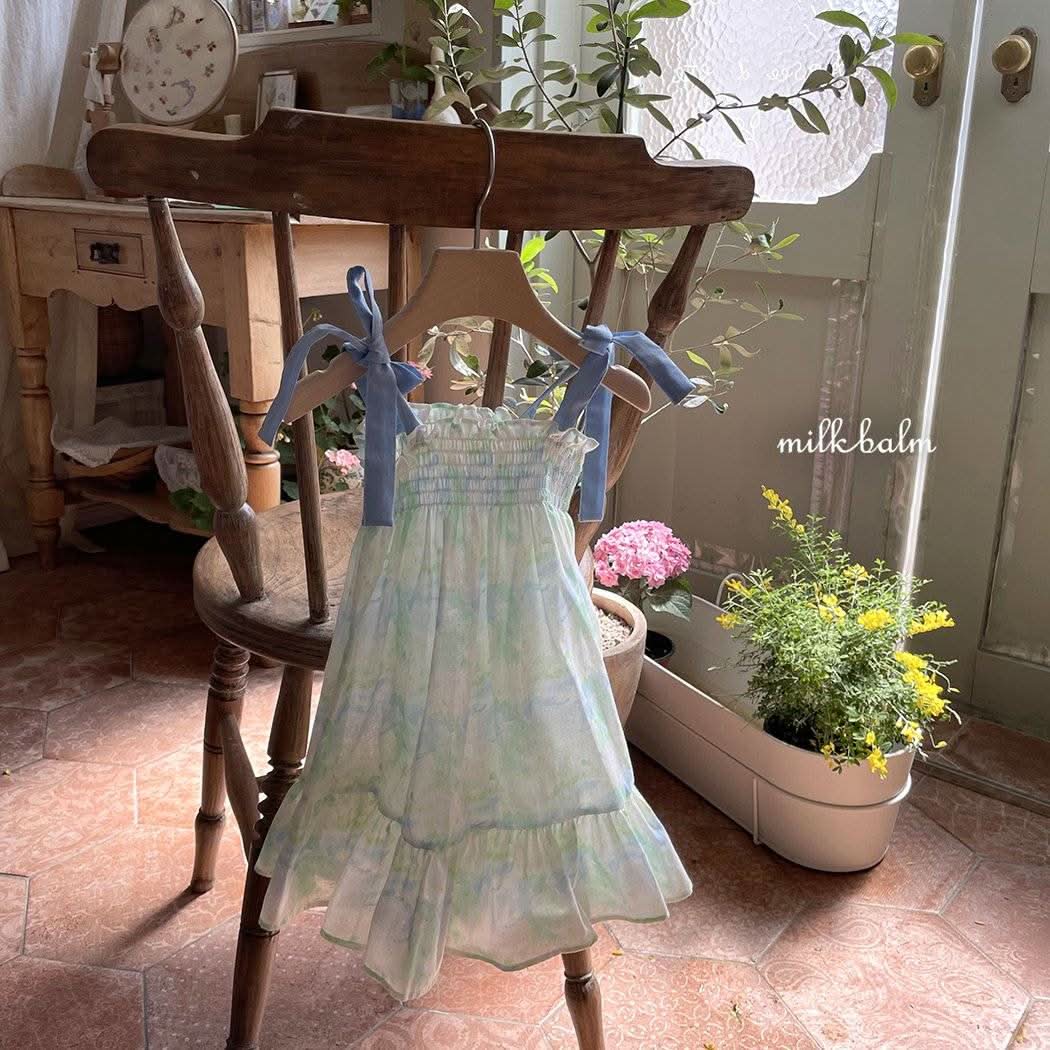 Toddler Milk Tie-Shoulder Dress (3m-5y)- Green - AT NOON STORE