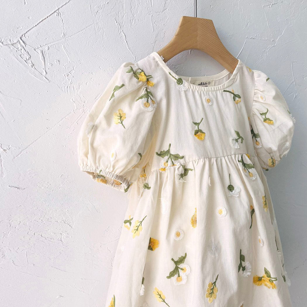 Toddler Milk Floral 3D Embroidery Short Sleeve Dress (1-6y) - Floral Ivory - AT NOON STORE