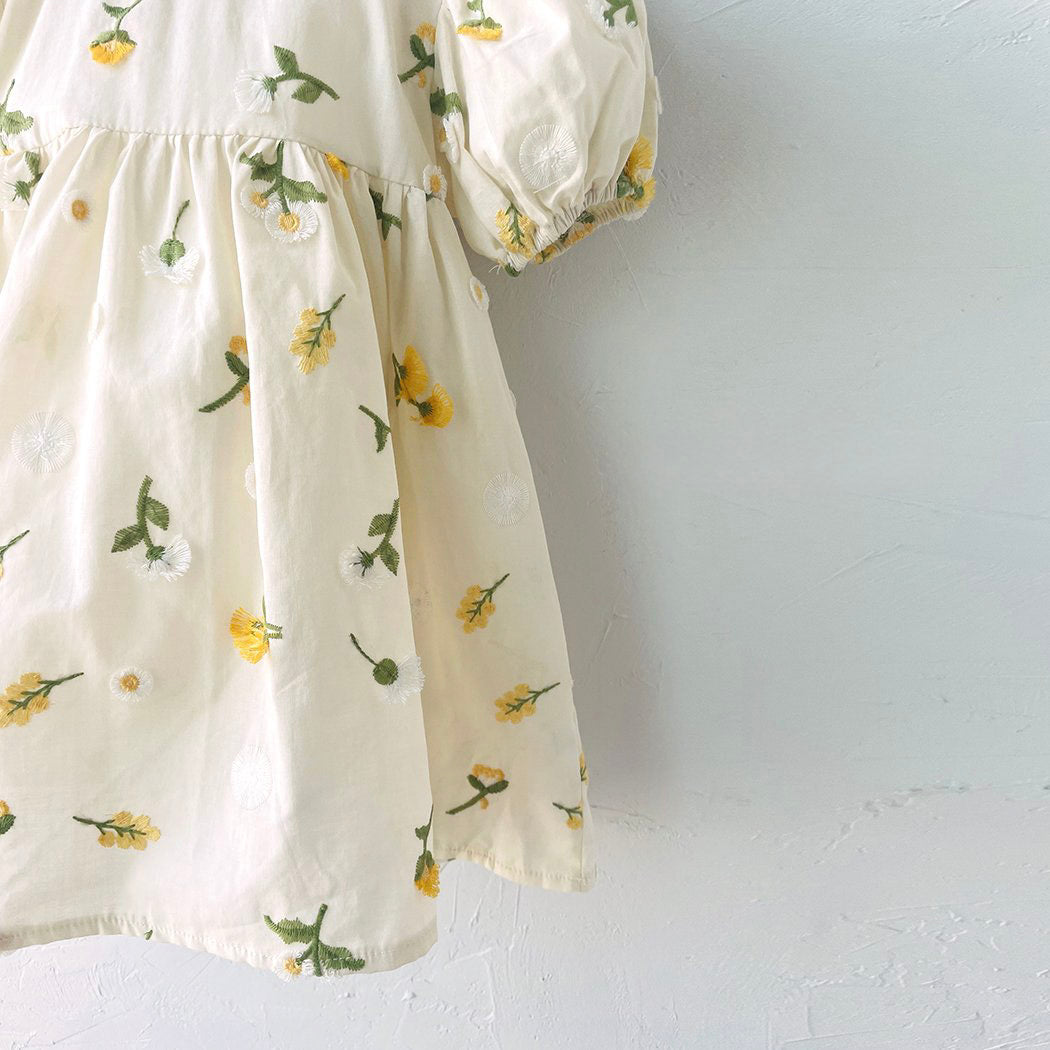 Toddler Milk Floral 3D Embroidery Short Sleeve Dress (1-6y) - Floral Ivory - AT NOON STORE