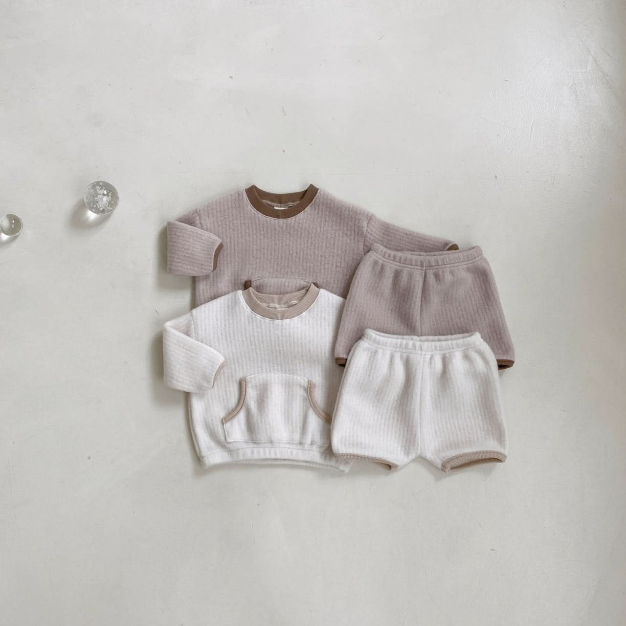 Baby BH Kangaroo Pocket Fleece Top and Shorts Set (3-18m) - Beige - AT NOON STORE