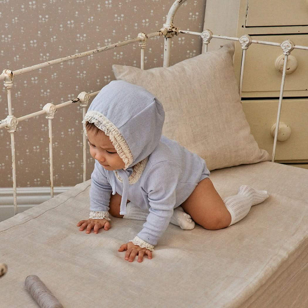 Baby Lace Trim Pointelle Romper and Bonnet Set (3-24m) - Blue - AT NOON STORE