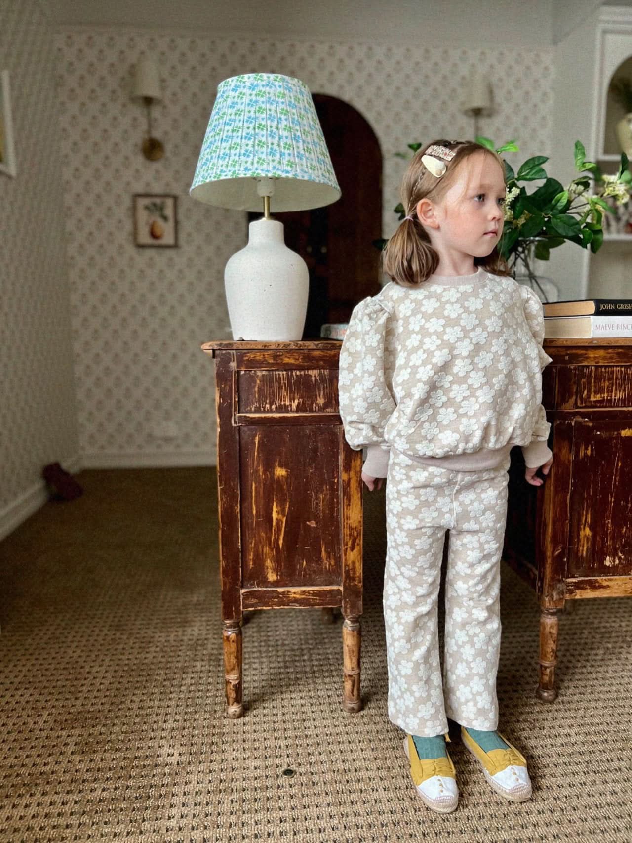 Kids Floral Jacquard  Puff Sleeve Top &  Pants Set (2-6y) - Beige - AT NOON STORE