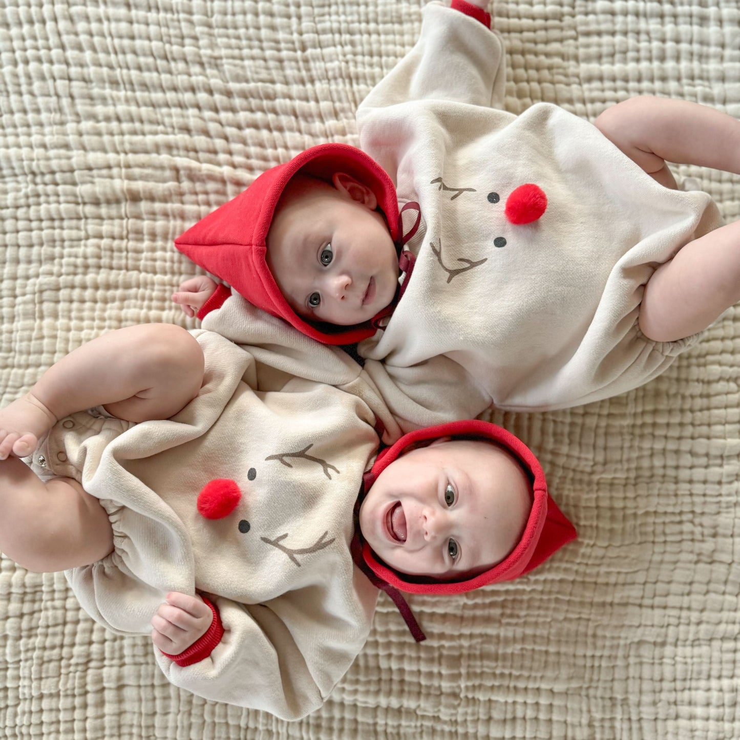 Baby Fleece-Lined Reindeer Sweatshirt Romper and Bonnet Set (3-18m) - Red - AT NOON STORE