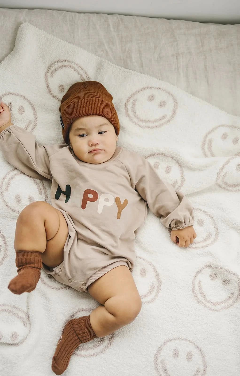 Smiley Taupe Plush Blanket kids outfit