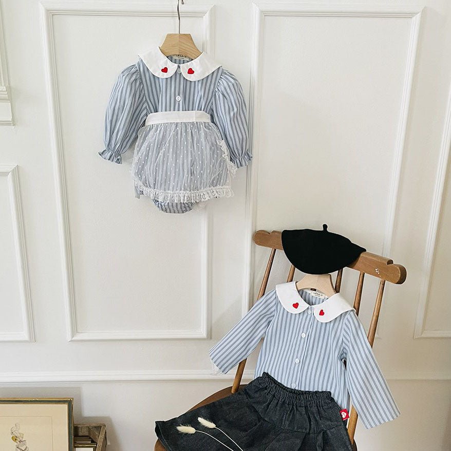 Toddler Milk F25 Heart Embroidery Collar Stripe Shirt (1 - 7y) - Blue kids outfit