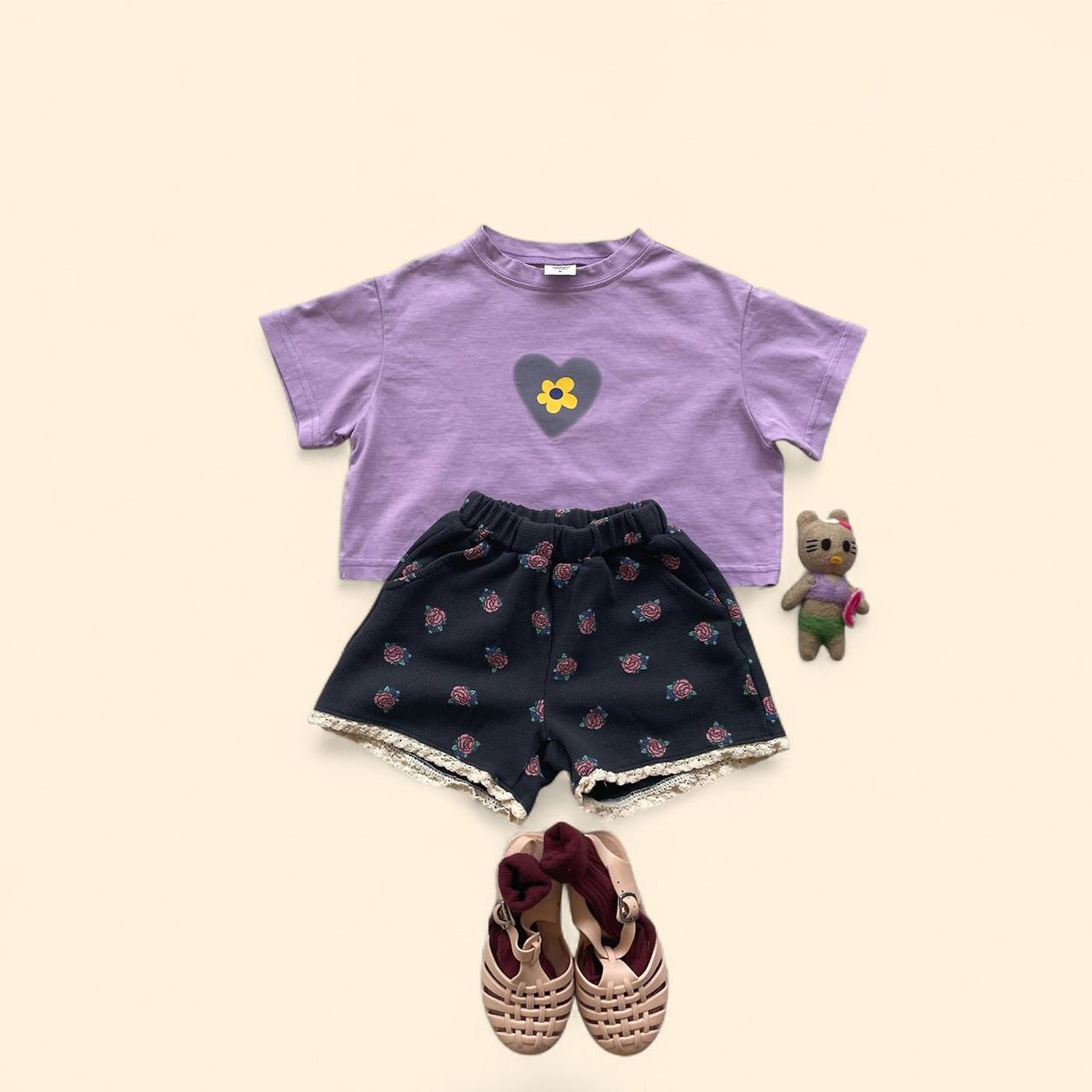 Toddler SS26 Floral Waffle Lace Detail Short Sleeve Semi Crop Top and Shorts Set (3 - 7y) - 2 Colors - AT NOON STORE